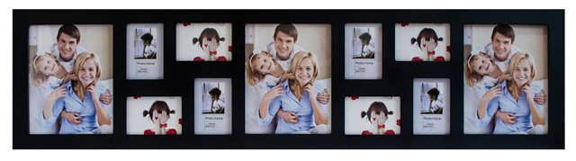 Довга фоторамка чорна для 11 фотографій, 3 великі фото і 8 стандартних фотографій